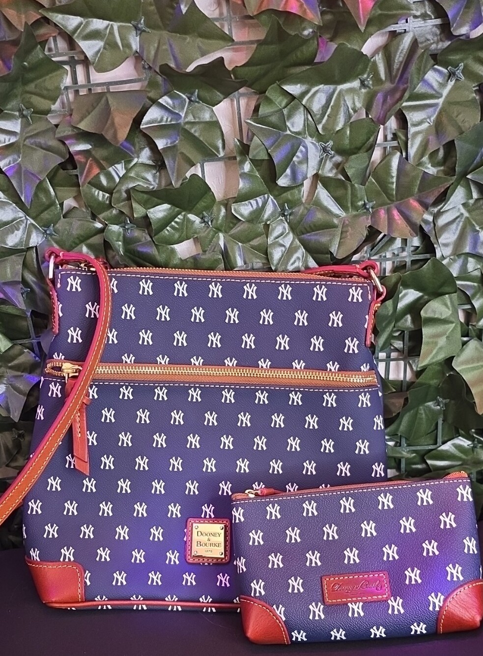 Dooney & Bourke Navy NY Logo Crossbody with Tan Trim and Matching Wristlet
